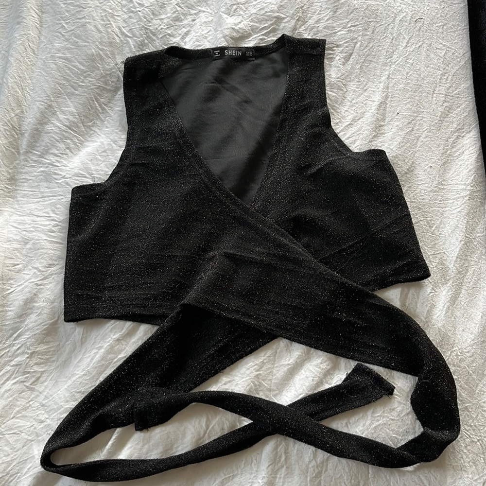 Black shimmer wrap crop top